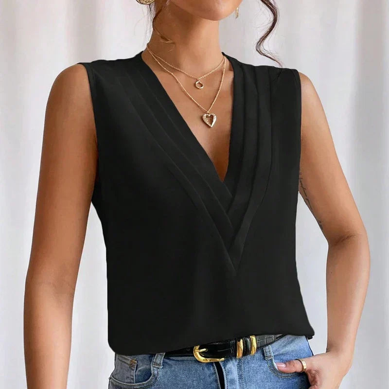 Women's V-Neck Sleeveless Wrap Blouse for Professional Attire
