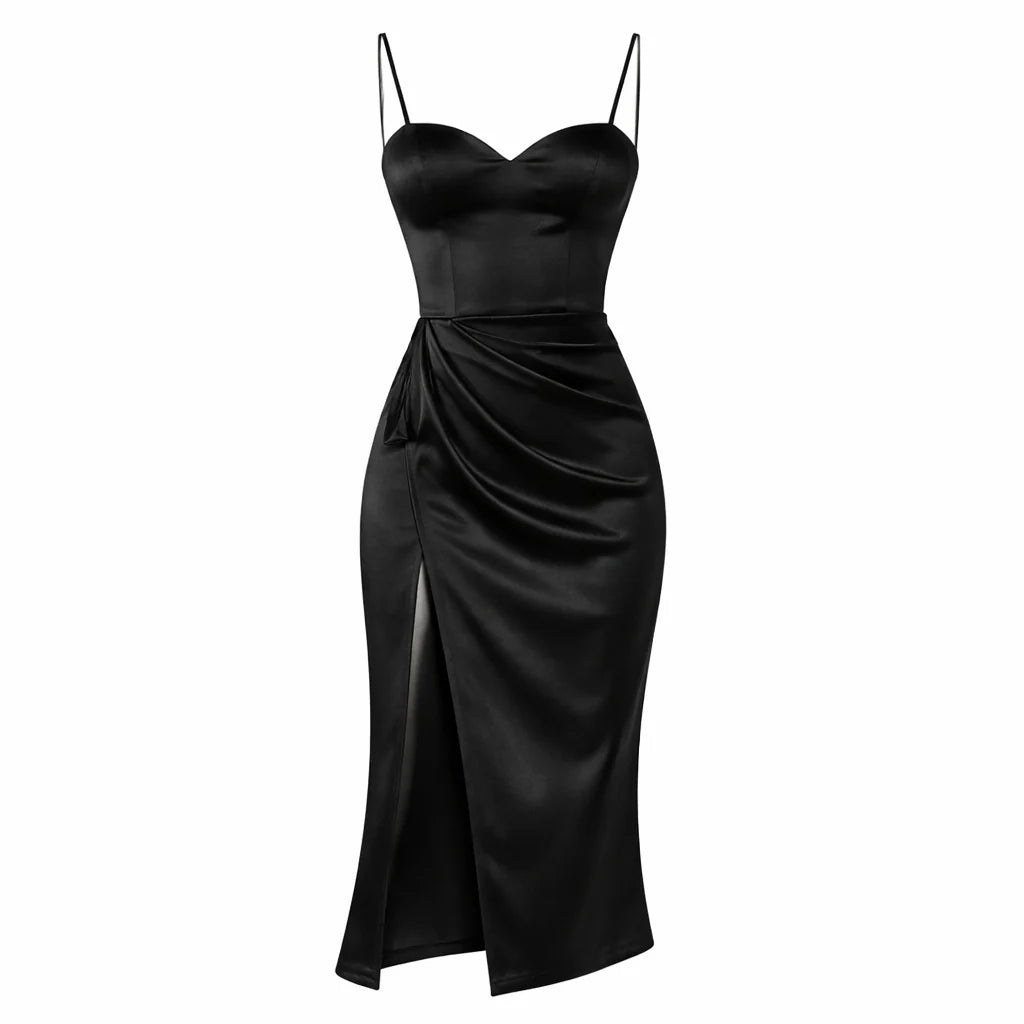 Flora Women's Elegant Satin Midi Graduation Dress with Spaghetti Straps and High Slit