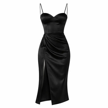 Flora Women's Elegant Satin Midi Graduation Dress with Spaghetti Straps and High Slit