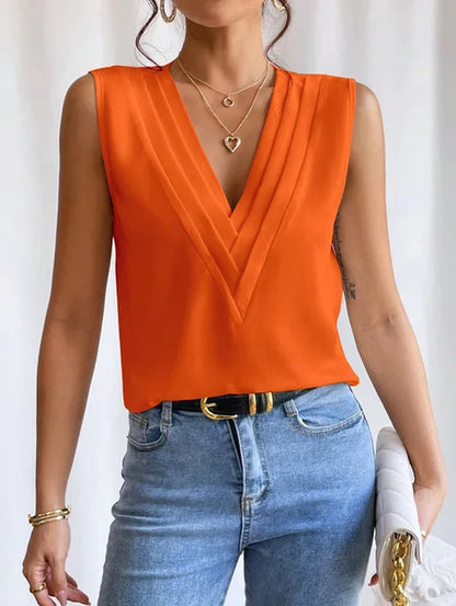 Women's V-Neck Sleeveless Wrap Blouse for Professional Attire