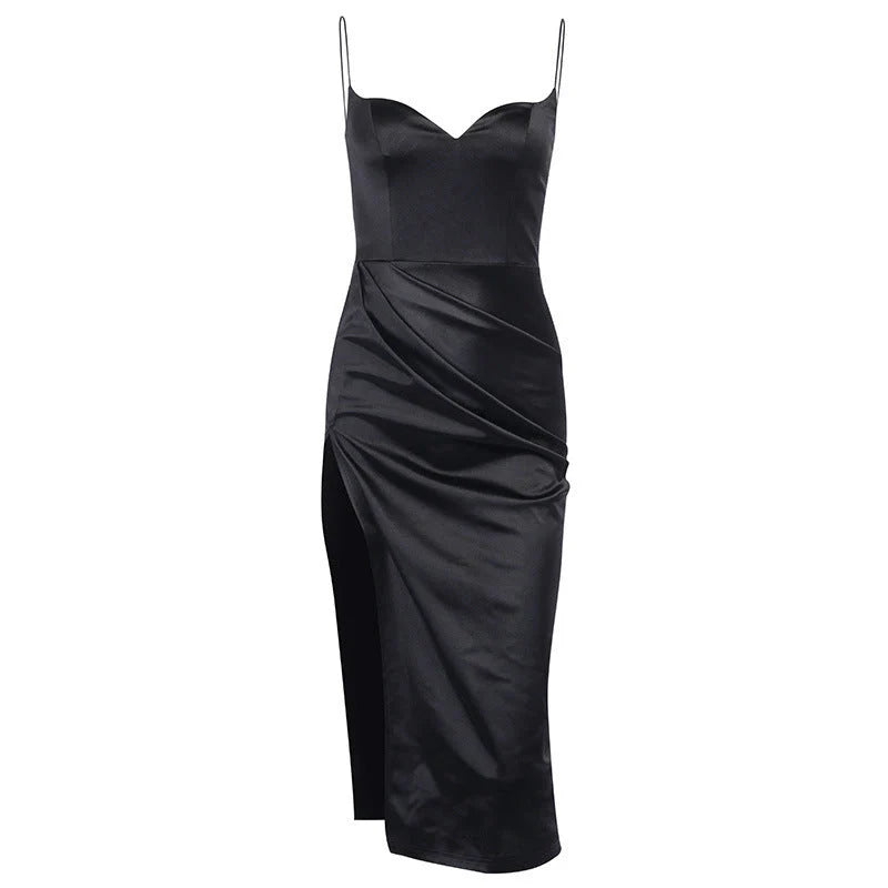Flora Women's Elegant Satin Midi Graduation Dress with Spaghetti Straps and High Slit