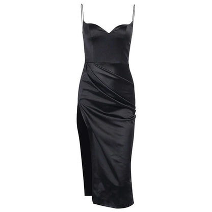 Flora Women's Elegant Satin Midi Graduation Dress with Spaghetti Straps and High Slit